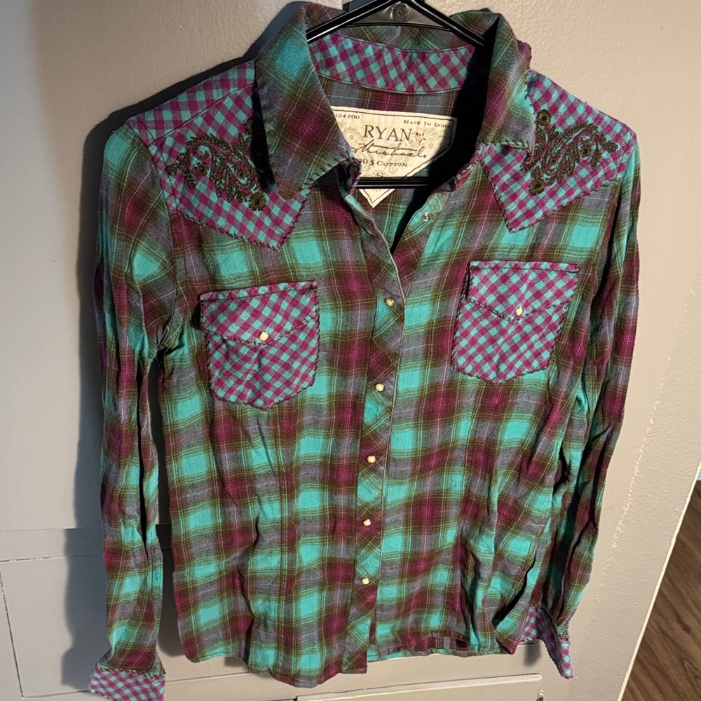 Women's Plaid Flannel Button Down Shirt - Turquoise and Purple